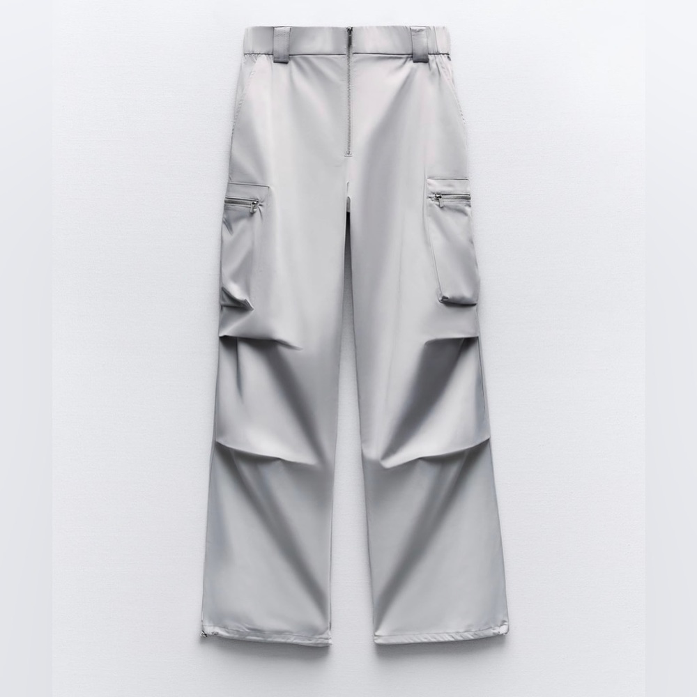 ZARA SATIN EFFECT SILVER CARGO PANTS WITH ZIPPERS